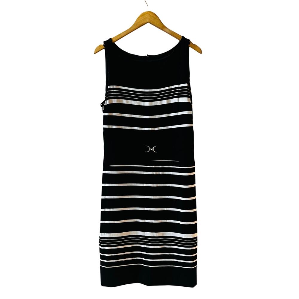 White House Black Market Strjped Sleeveless Dress Size 12 Black Cream - Picture 6 of 6